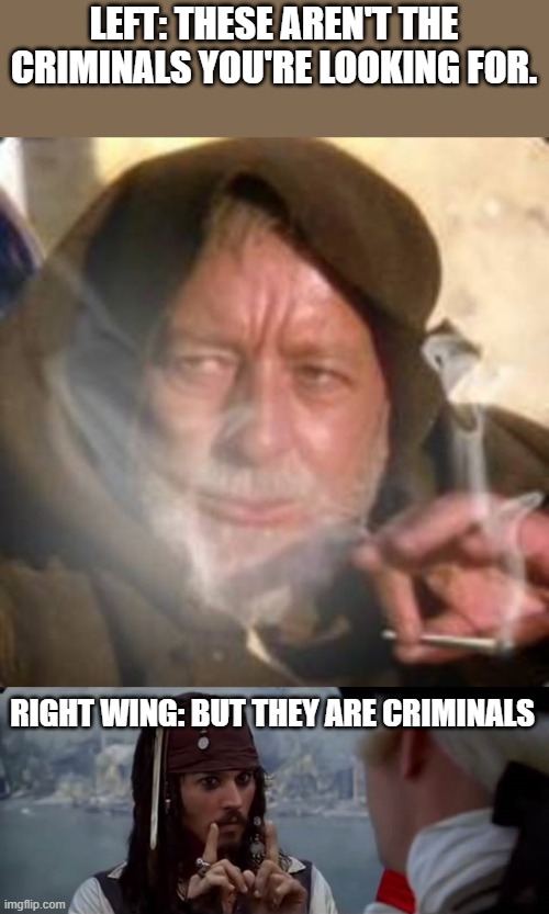 LEFT: THESE AREN'T THE CRIMINALS YOU'RE LOOKING FOR. RIGHT WING: BUT THEY ARE CRIMINALS | image tagged in obiwan star wars joint smoking weed,but you have heard of me | made w/ Imgflip meme maker