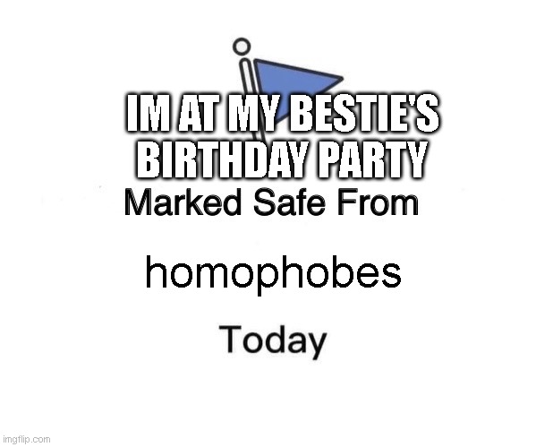 bestie's |  IM AT MY BESTIE'S BIRTHDAY PARTY; homophobes | image tagged in memes,marked safe from | made w/ Imgflip meme maker
