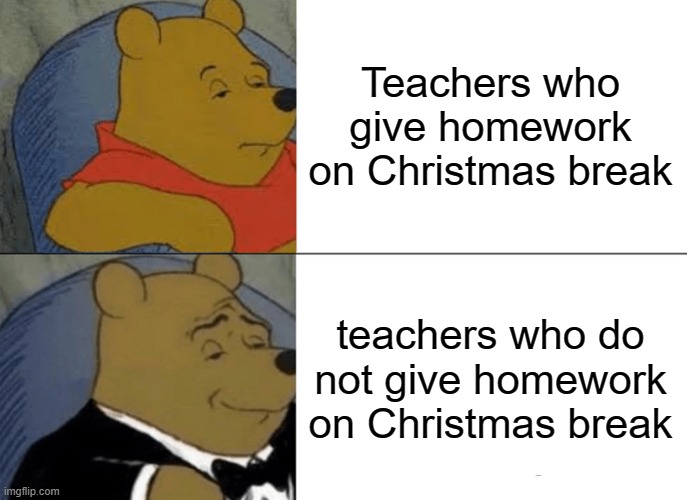 homework | Teachers who give homework on Christmas break; teachers who do not give homework on Christmas break | image tagged in memes,tuxedo winnie the pooh | made w/ Imgflip meme maker