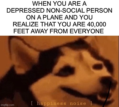 Well great, if you don’t like socializing |  WHEN YOU ARE A DEPRESSED NON-SOCIAL PERSON ON A PLANE AND YOU REALIZE THAT YOU ARE 40,000 FEET AWAY FROM EVERYONE | image tagged in happiness noise,memes,funny,relatable memes,relatable,plane | made w/ Imgflip meme maker