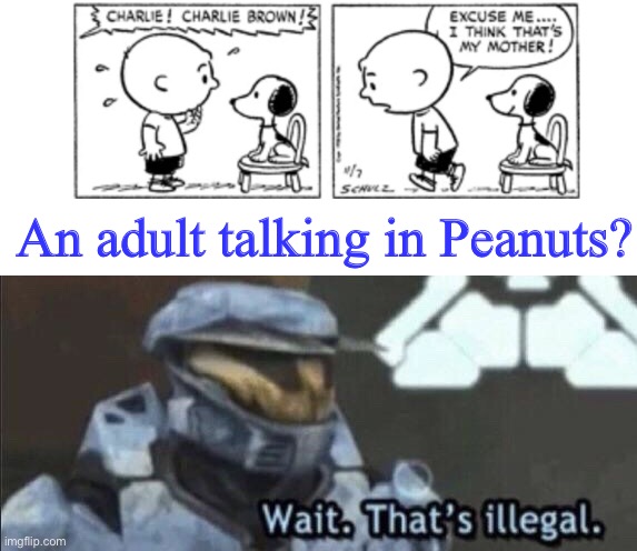 By the way, the panels on the top of the meme come from the November 7 1950 Peanuts comic | An adult talking in Peanuts? | image tagged in wait that s illegal,adults,charlie brown,snoopy | made w/ Imgflip meme maker