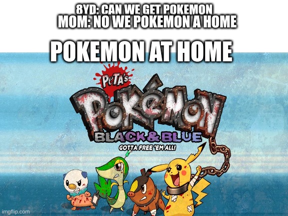 Pokemon at home | 8YD: CAN WE GET POKEMON; MOM: NO WE POKEMON A HOME; POKEMON AT HOME | image tagged in funny,at home,pokemon | made w/ Imgflip meme maker