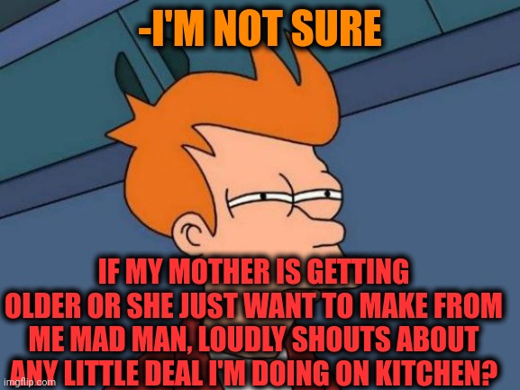 -Just bored. | -I'M NOT SURE; IF MY MOTHER IS GETTING OLDER OR SHE JUST WANT TO MAKE FROM ME MAD MAN, LOUDLY SHOUTS ABOUT ANY LITTLE DEAL I'M DOING ON KITCHEN? | image tagged in memes,futurama fry,mother of god,kitchen nightmares,getting older,mad max | made w/ Imgflip meme maker