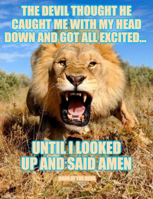 lion |  THE DEVIL THOUGHT HE CAUGHT ME WITH MY HEAD DOWN AND GOT ALL EXCITED... UNTIL I LOOKED UP AND SAID AMEN; ROAR AT THE DEVIL | image tagged in lion,caught me with my head down,until i said amen,until i looked up,amen,roar at the devil | made w/ Imgflip meme maker