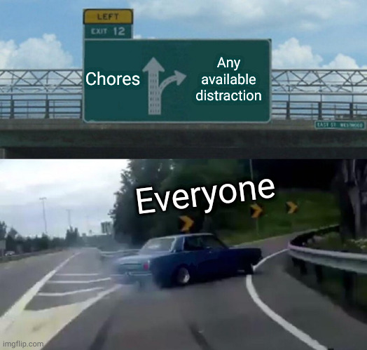 Life Hack: increase productivity by doing lesser chores as a distraction from tackling bigger, shittier chores. | Chores; Any available distraction; Everyone | image tagged in memes,left exit 12 off ramp | made w/ Imgflip meme maker