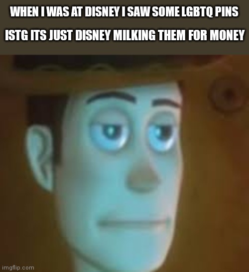 It's sad companies milk money from LGBTQ people | WHEN I WAS AT DISNEY I SAW SOME LGBTQ PINS; ISTG ITS JUST DISNEY MILKING THEM FOR MONEY | image tagged in disappointed woody,upvote if you agree | made w/ Imgflip meme maker