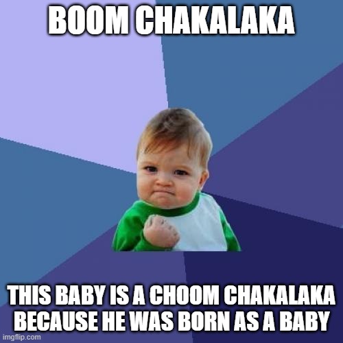 A meme my sister made part:2 | BOOM CHAKALAKA; THIS BABY IS A CHOOM CHAKALAKA BECAUSE HE WAS BORN AS A BABY | image tagged in memes,success kid | made w/ Imgflip meme maker