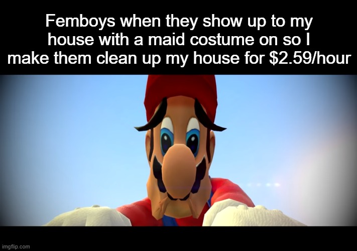 Sad mario | Femboys when they show up to my house with a maid costume on so I make them clean up my house for $2.59/hour | image tagged in sad mario | made w/ Imgflip meme maker