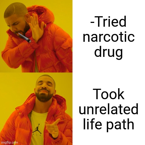 -All realistic. | -Tried narcotic drug; Took unrelated life path | image tagged in memes,drake hotline bling,don't do drugs,i'm 15 so don't try it,life problems,braveheart freedom | made w/ Imgflip meme maker