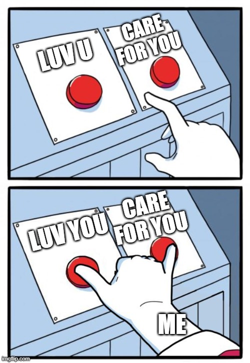 lets go with...both! | CARE FOR YOU; LUV U; CARE FOR YOU; LUV YOU; ME | image tagged in both buttons,wholesome | made w/ Imgflip meme maker