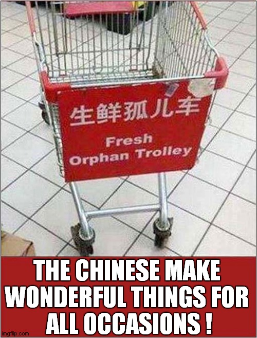 For Parents Who Are Expecting To Die Whilst Shopping ! | THE CHINESE MAKE 
WONDERFUL THINGS FOR 
ALL OCCASIONS ! | image tagged in chinese,orphans,shopping cart,dark humour | made w/ Imgflip meme maker