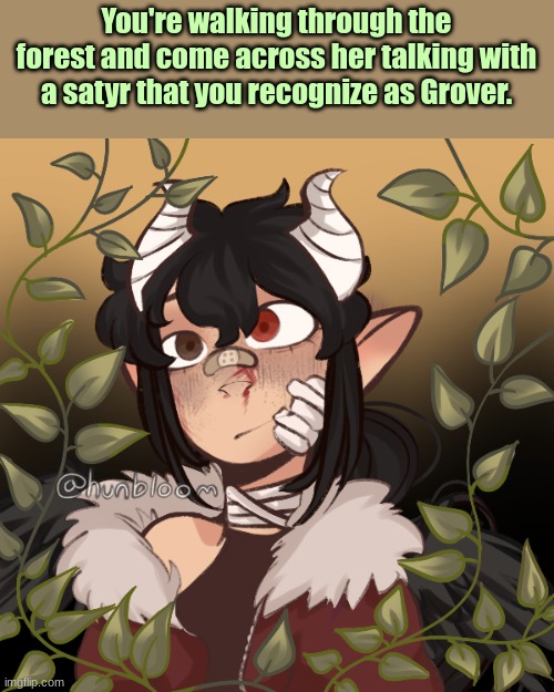 Another Percy Jackson rp | You're walking through the forest and come across her talking with a satyr that you recognize as Grover. | image tagged in percy jackson | made w/ Imgflip meme maker