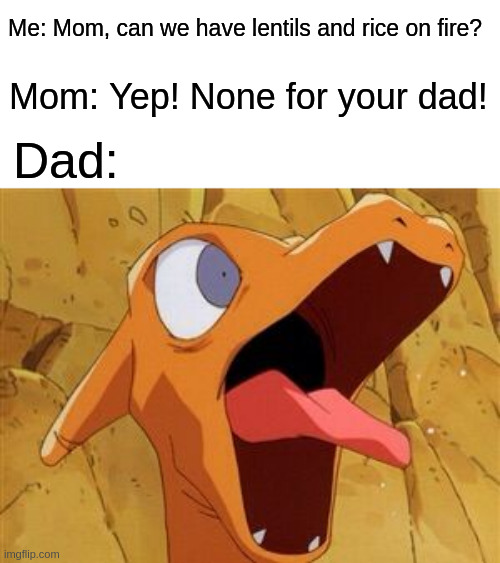 No food for Dad :( | Me: Mom, can we have lentils and rice on fire? Mom: Yep! None for your dad! Dad: | image tagged in suprised charizard | made w/ Imgflip meme maker
