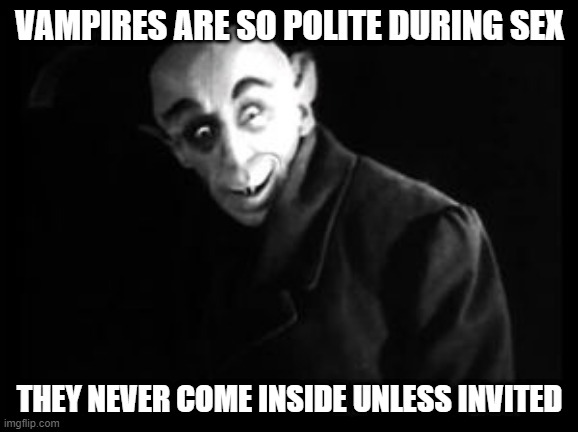 Just a Bite | VAMPIRES ARE SO POLITE DURING SEX; THEY NEVER COME INSIDE UNLESS INVITED | image tagged in nosferatu | made w/ Imgflip meme maker