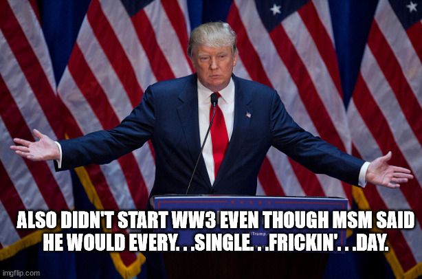 Donald Trump | ALSO DIDN'T START WW3 EVEN THOUGH MSM SAID HE WOULD EVERY. . .SINGLE. . .FRICKIN'. . .DAY. | image tagged in donald trump | made w/ Imgflip meme maker