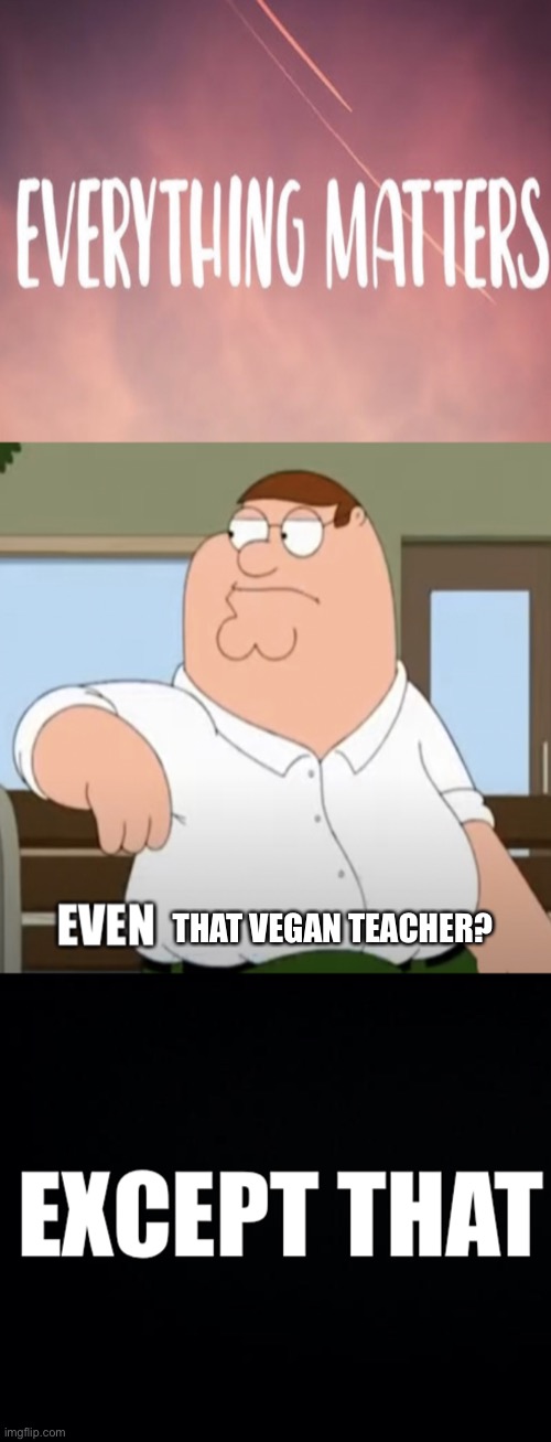 She don’t matter | THAT VEGAN TEACHER? | image tagged in everything matters | made w/ Imgflip meme maker
