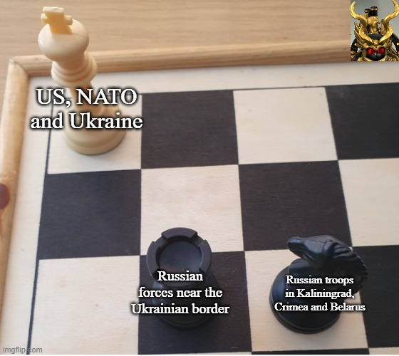 US - Russia checkmate | US, NATO and Ukraine; Russian forces near the Ukrainian border; Russian troops in Kaliningrad, Crimea and Belarus | image tagged in check mate,politics,international relations,ir | made w/ Imgflip meme maker