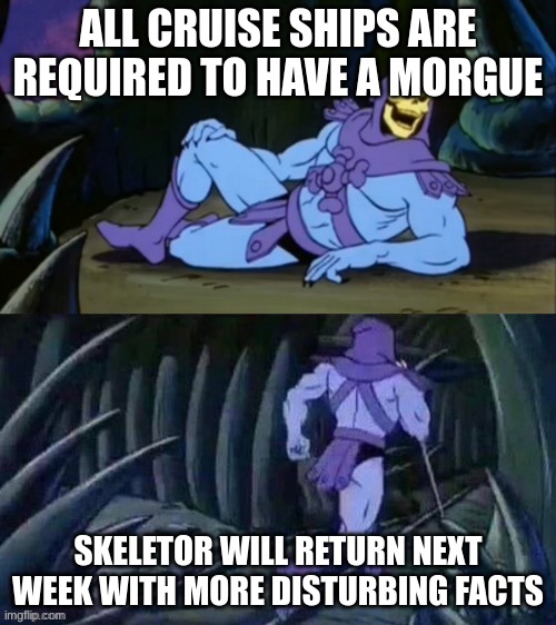 lo0o0o0oo0o0ol | ALL CRUISE SHIPS ARE REQUIRED TO HAVE A MORGUE; SKELETOR WILL RETURN NEXT WEEK WITH MORE DISTURBING FACTS | image tagged in skeletor disturbing facts | made w/ Imgflip meme maker
