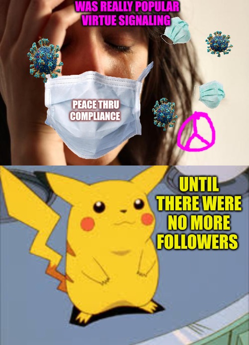 Confusion Delusion | WAS REALLY POPULAR VIRTUE SIGNALING; PEACE THRU COMPLIANCE; UNTIL THERE WERE NO MORE FOLLOWERS | image tagged in sheeple,bad memes,virtue signalling,followers,covid-19,covidiots | made w/ Imgflip meme maker