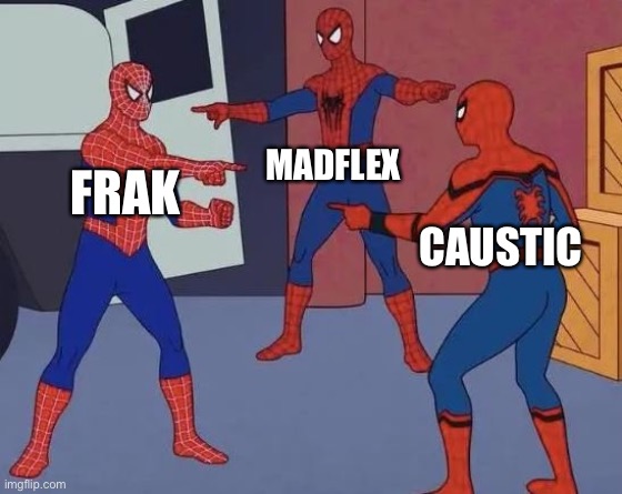 3 Spiderman Pointing | MADFLEX; FRAK; CAUSTIC | image tagged in 3 spiderman pointing | made w/ Imgflip meme maker