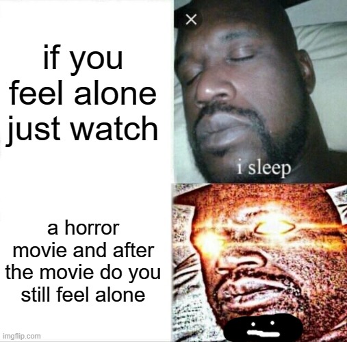 :/ | if you feel alone just watch; a horror movie and after the movie do you still feel alone | image tagged in memes,sleeping shaq,funny,boooo | made w/ Imgflip meme maker