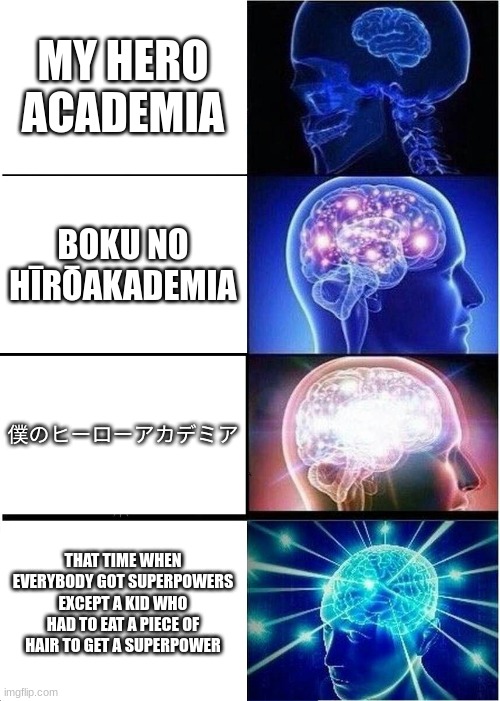 Expanding Brain Meme | MY HERO ACADEMIA; BOKU NO HĪRŌAKADEMIA; 僕のヒーローアカデミア; THAT TIME WHEN EVERYBODY GOT SUPERPOWERS EXCEPT A KID WHO HAD TO EAT A PIECE OF HAIR TO GET A SUPERPOWER | image tagged in memes,expanding brain | made w/ Imgflip meme maker