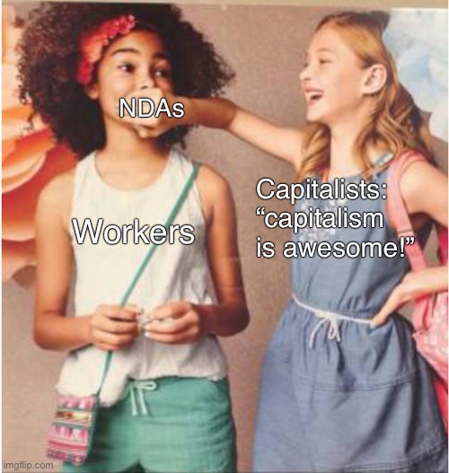 Non-disclosure agreements |  NDAs; Capitalists: “capitalism is awesome!”; Workers | image tagged in girl covering other girl's mouth,capitalism,working class,free market,socialism | made w/ Imgflip meme maker