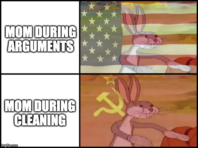 bugs bunny communist usa flags | MOM DURING ARGUMENTS MOM DURING CLEANING | image tagged in bugs bunny communist usa flags | made w/ Imgflip meme maker