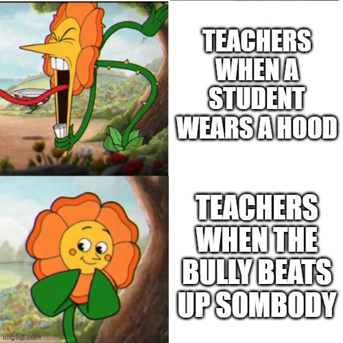 teachers be like | TEACHERS WHEN A STUDENT WEARS A HOOD; TEACHERS WHEN THE BULLY BEATS UP SOMBODY | image tagged in cuphead flower | made w/ Imgflip meme maker