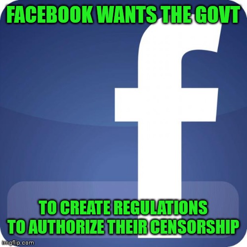 Don't trust 230 | FACEBOOK WANTS THE GOVT; TO CREATE REGULATIONS TO AUTHORIZE THEIR CENSORSHIP | image tagged in facebook | made w/ Imgflip meme maker