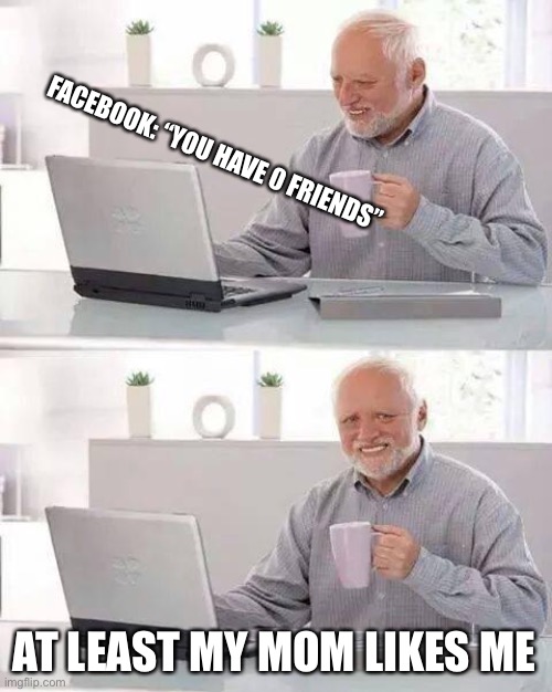 facebook be like | FACEBOOK: “YOU HAVE 0 FRIENDS”; AT LEAST MY MOM LIKES ME | image tagged in memes,hide the pain harold,facebook,lol | made w/ Imgflip meme maker