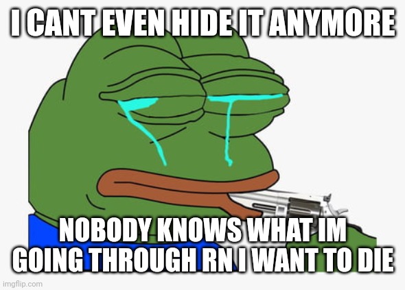 Pepe suicide | I CANT EVEN HIDE IT ANYMORE; NOBODY KNOWS WHAT IM GOING THROUGH RN I WANT TO DIE | image tagged in pepe suicide | made w/ Imgflip meme maker