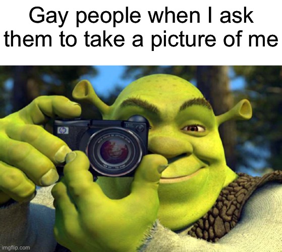 shrek camera | Gay people when I ask them to take a picture of me | image tagged in shrek camera | made w/ Imgflip meme maker