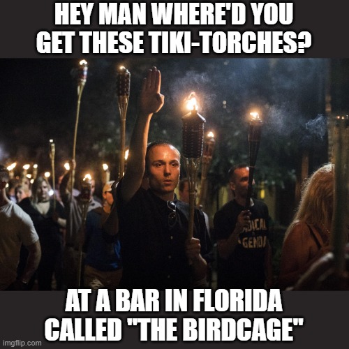 Nazis Charlottesville Trump | HEY MAN WHERE'D YOU GET THESE TIKI-TORCHES? AT A BAR IN FLORIDA CALLED "THE BIRDCAGE" | image tagged in nazis charlottesville trump | made w/ Imgflip meme maker