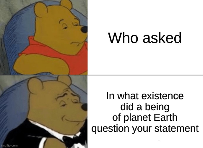 When the fake millionaire social media artist tries talking to the guy who makes Billions | Who asked; In what existence did a being of planet Earth question your statement | image tagged in memes,tuxedo winnie the pooh | made w/ Imgflip meme maker