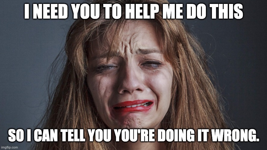 Women, in a nutshell | I NEED YOU TO HELP ME DO THIS; SO I CAN TELL YOU YOU'RE DOING IT WRONG. | image tagged in woman crying | made w/ Imgflip meme maker