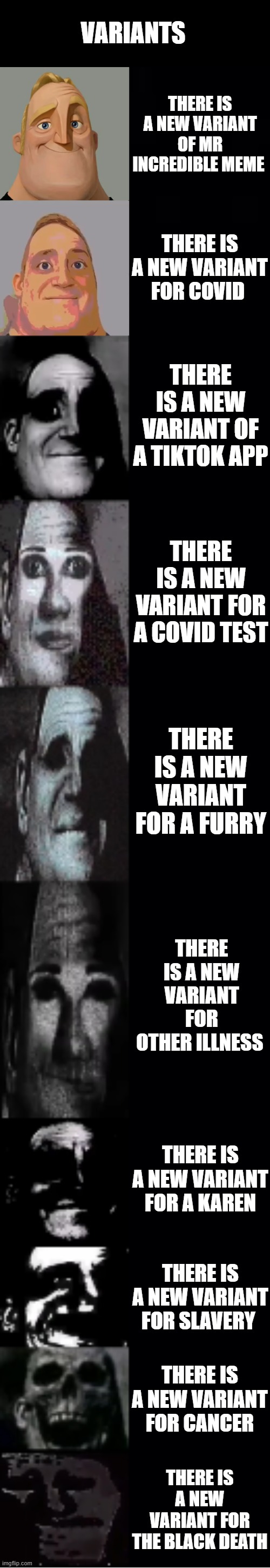 mr increblie become uncanny: variants | VARIANTS; THERE IS A NEW VARIANT OF MR INCREDIBLE MEME; THERE IS A NEW VARIANT FOR COVID; THERE IS A NEW VARIANT OF A TIKTOK APP; THERE IS A NEW VARIANT FOR A COVID TEST; THERE IS A NEW VARIANT FOR A FURRY; THERE IS A NEW VARIANT FOR OTHER ILLNESS; THERE IS A NEW VARIANT FOR A KAREN; THERE IS A NEW VARIANT FOR SLAVERY; THERE IS A NEW VARIANT FOR CANCER; THERE IS A NEW VARIANT FOR THE BLACK DEATH | image tagged in mr incredible becoming uncanny | made w/ Imgflip meme maker