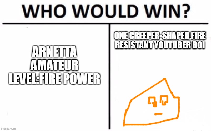 Preston In A Nutshell | ARNETTA AMATEUR LEVEL:FIRE POWER; ONE CREEPER-SHAPED,FIRE RESISTANT YOUTUBER BOI | image tagged in memes,who would win,nutshell,youtuber | made w/ Imgflip meme maker