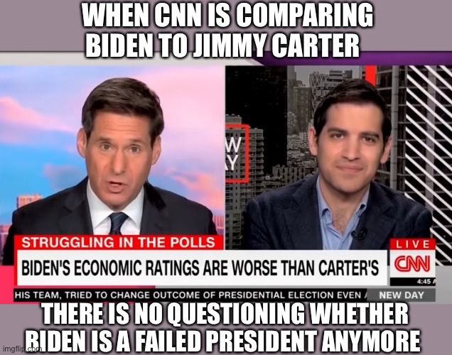 Illegitimate president since day one | WHEN CNN IS COMPARING BIDEN TO JIMMY CARTER; THERE IS NO QUESTIONING WHETHER BIDEN IS A FAILED PRESIDENT ANYMORE | image tagged in joe biden,jimmy carter,cnn,memes | made w/ Imgflip meme maker