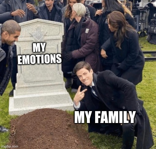 Grant Gustin over grave | MY EMOTIONS; MY FAMILY | image tagged in grant gustin over grave | made w/ Imgflip meme maker