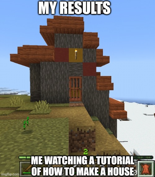 I found this weird thing | MY RESULTS; ME WATCHING A TUTORIAL OF HOW TO MAKE A HOUSE | image tagged in weird villager house | made w/ Imgflip meme maker