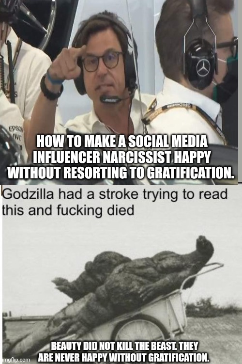 HOW TO MAKE A SOCIAL MEDIA INFLUENCER NARCISSIST HAPPY WITHOUT RESORTING TO GRATIFICATION. BEAUTY DID NOT KILL THE BEAST. THEY ARE NEVER HAPPY WITHOUT GRATIFICATION. | image tagged in godzilla | made w/ Imgflip meme maker