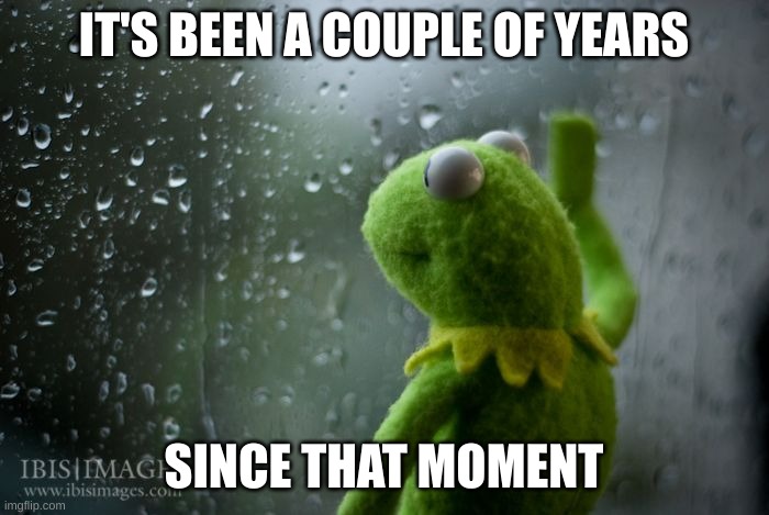 kermit window | IT'S BEEN A COUPLE OF YEARS SINCE THAT MOMENT | image tagged in kermit window | made w/ Imgflip meme maker