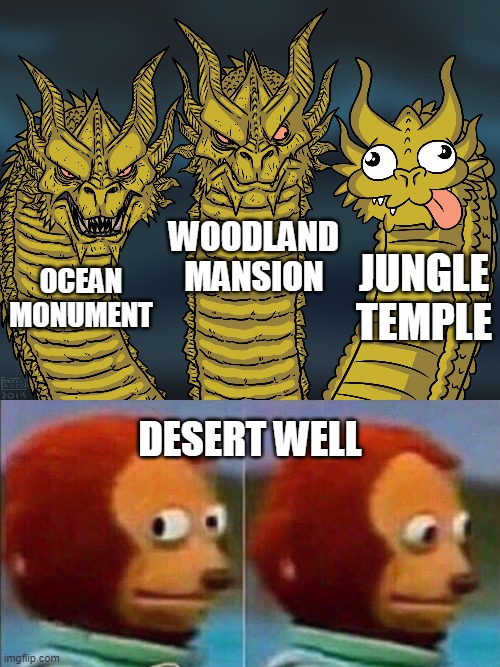 the desert well is useless | WOODLAND
MANSION; JUNGLE TEMPLE; OCEAN
MONUMENT; DESERT WELL | image tagged in king ghidorah,monkey looking away,minecraft | made w/ Imgflip meme maker