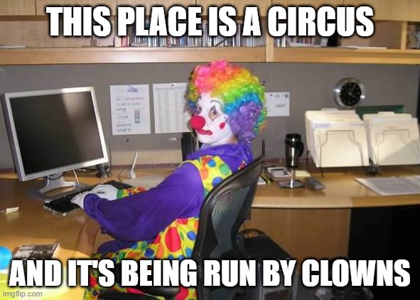 clown computer | THIS PLACE IS A CIRCUS; AND IT'S BEING RUN BY CLOWNS | image tagged in clown computer | made w/ Imgflip meme maker