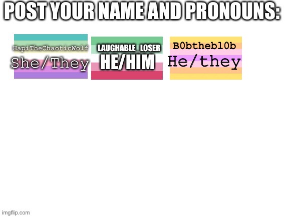 Repost with your name and pronouns | B0bthebl0b; He/they | made w/ Imgflip meme maker