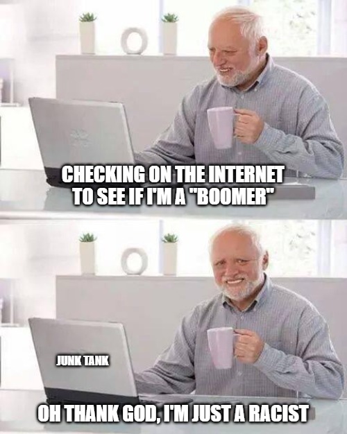 Am I a Boomer | CHECKING ON THE INTERNET TO SEE IF I'M A "BOOMER"; JUNK TANK; OH THANK GOD, I'M JUST A RACIST | image tagged in memes,hide the pain harold,boomer,racist,internet | made w/ Imgflip meme maker