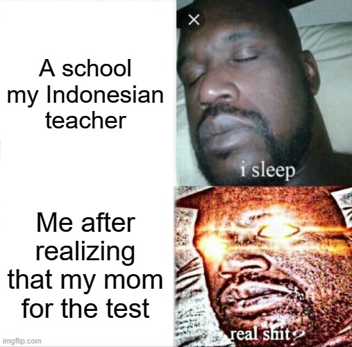 Oh my god school my life | A school my Indonesian teacher; Me after realizing that my mom for the test | image tagged in memes,sleeping shaq | made w/ Imgflip meme maker