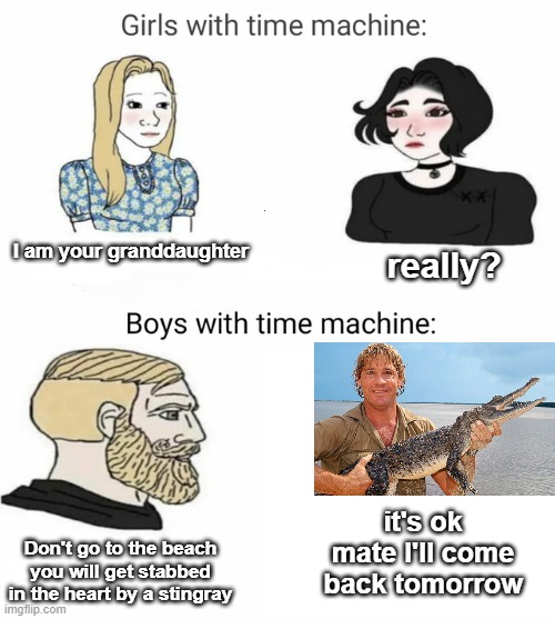 I'll legit do this if I had a time machine | I am your granddaughter; really? it's ok mate I'll come back tomorrow; Don't go to the beach you will get stabbed in the heart by a stingray | image tagged in time machine | made w/ Imgflip meme maker