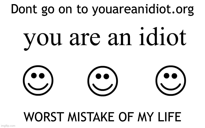 you are an idiot ha ha ha ha ha ha haa aha ha ha haa | Dont go on to youareanidiot.org; WORST MISTAKE OF MY LIFE | image tagged in you are an idiot | made w/ Imgflip meme maker